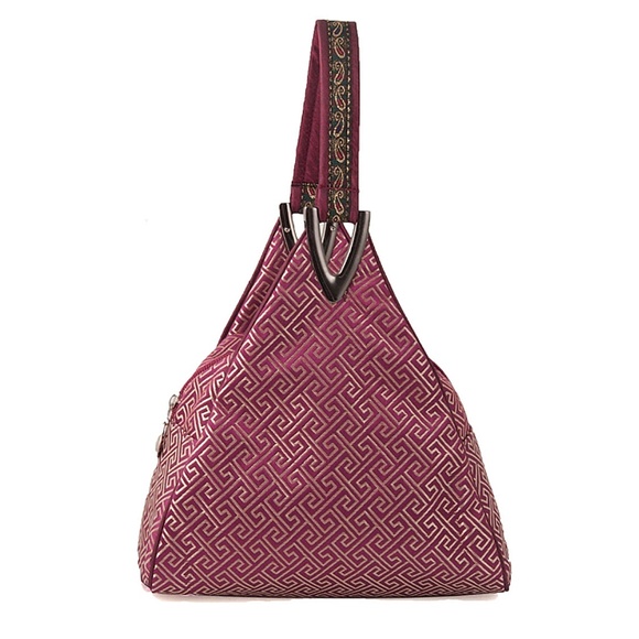 Silk Brocade Greek Key Handbag-Purple Red - Picture 2 of 4